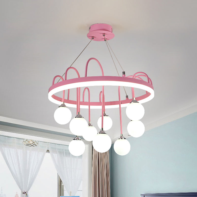 Rounded Hanging Lamp Kids Metal 9-Light Pink Chandelier Lighting with Frosted Glass Shade