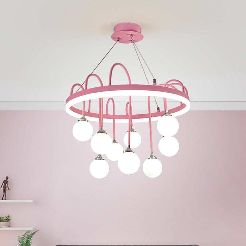 Rounded Hanging Lamp Kids Metal 9-Light Pink Chandelier Lighting with Frosted Glass Shade