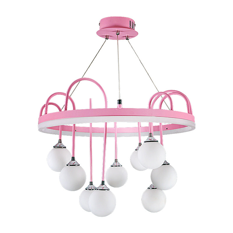 Rounded Hanging Lamp Kids Metal 9-Light Pink Chandelier Lighting with Frosted Glass Shade