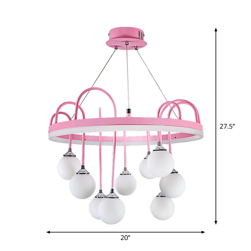Rounded Hanging Lamp Kids Metal 9-Light Pink Chandelier Lighting with Frosted Glass Shade