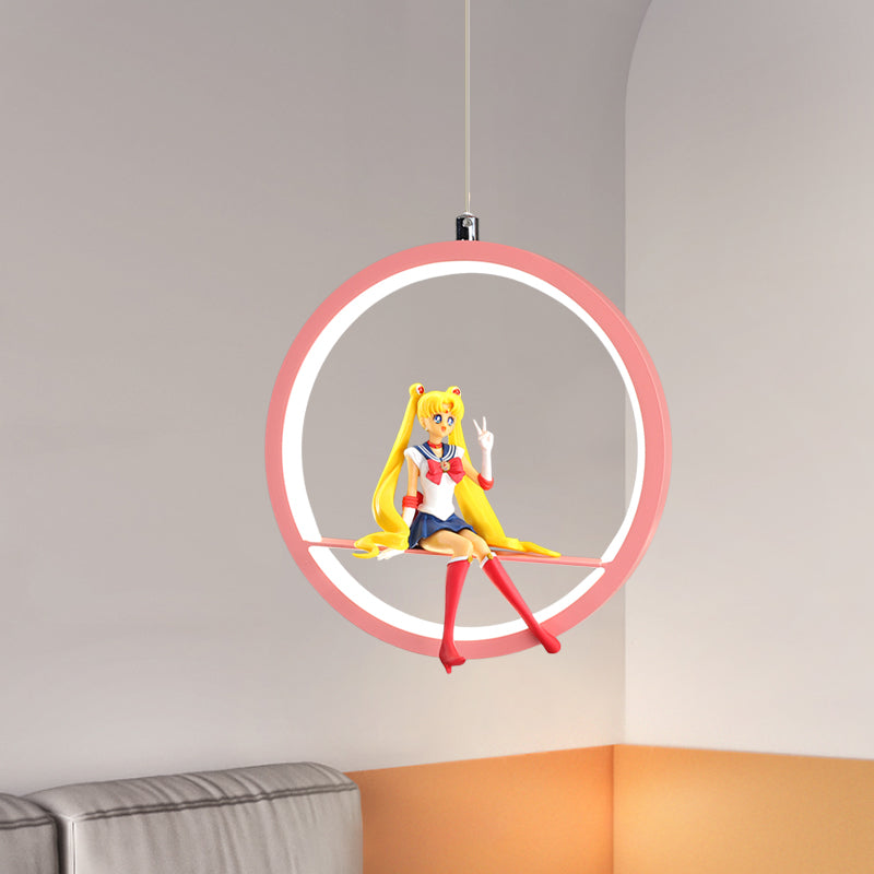 Round Girls Bedroom Pendant Chandelier Metallic LED Cartoon Hanging Light with Girl Decor in Pink/Blue