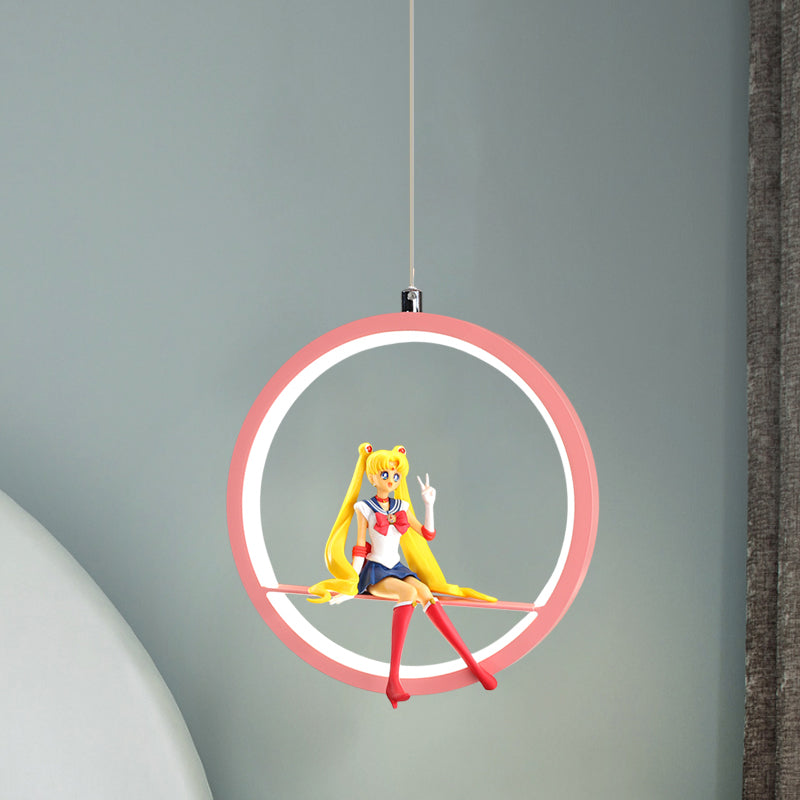 Round Girls Bedroom Pendant Chandelier Metallic LED Cartoon Hanging Light with Girl Decor in Pink/Blue