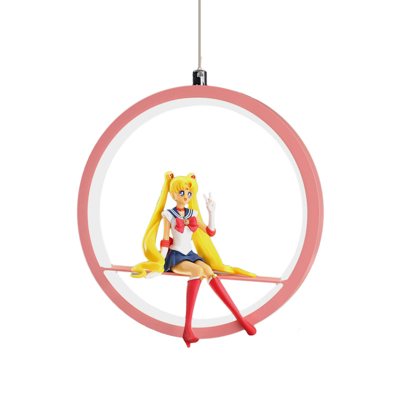 Round Girls Bedroom Pendant Chandelier Metallic LED Cartoon Hanging Light with Girl Decor in Pink/Blue