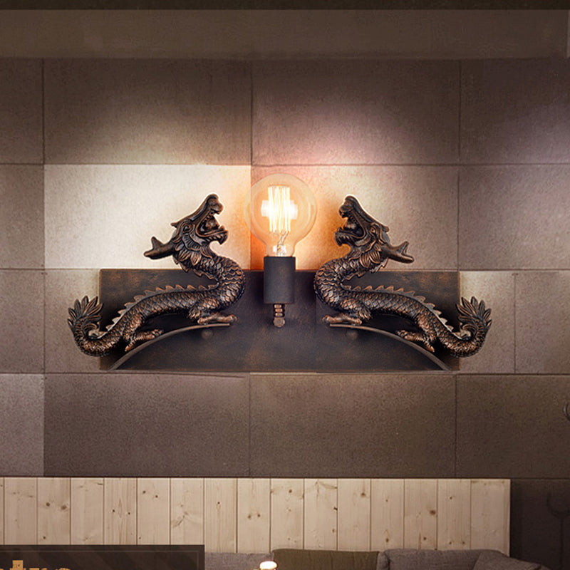 Dragon Wall Mount Light with Bare Bulb Design Rustic Industrial Wrought Iron Wall Sconce