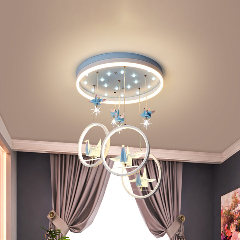 Metallic Circular Hanging Chandelier Kids LED Pendant Light in Blue with Paper Cranes Decor