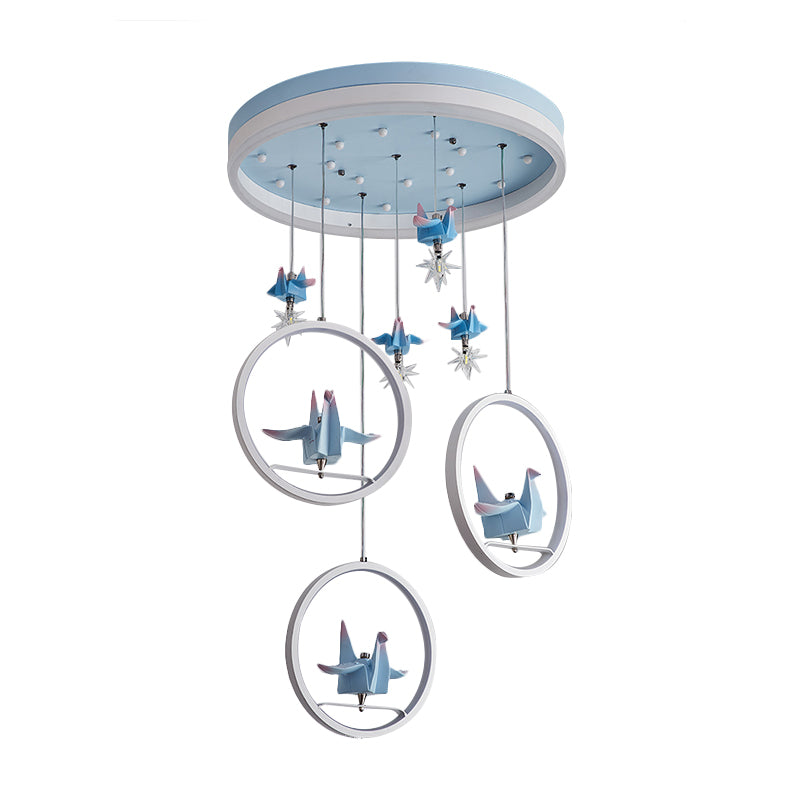 Metallic Circular Hanging Chandelier Kids LED Pendant Light in Blue with Paper Cranes Decor