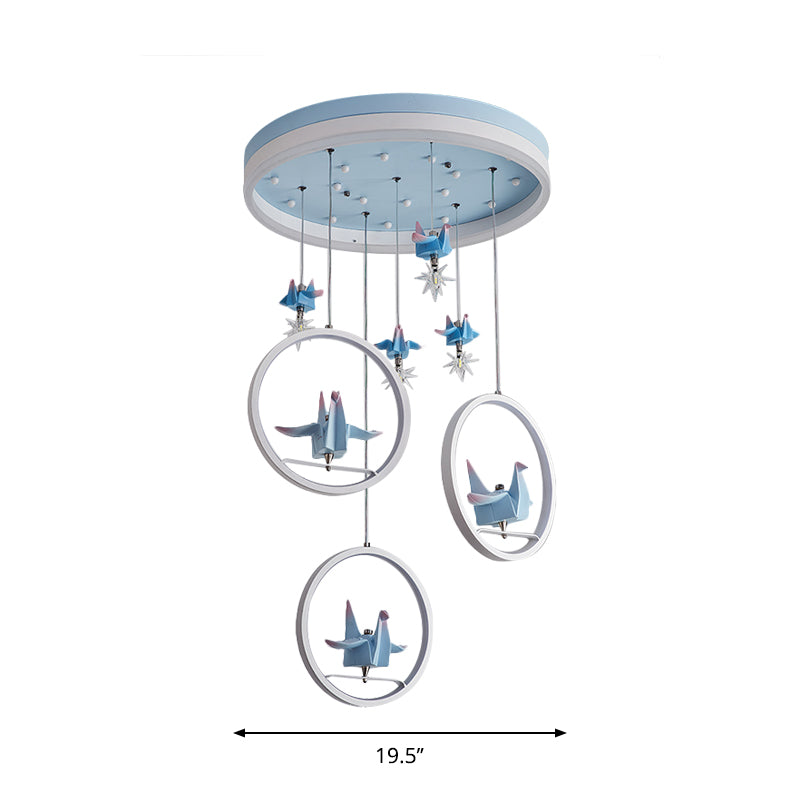 Metallic Circular Hanging Chandelier Kids LED Pendant Light in Blue with Paper Cranes Decor