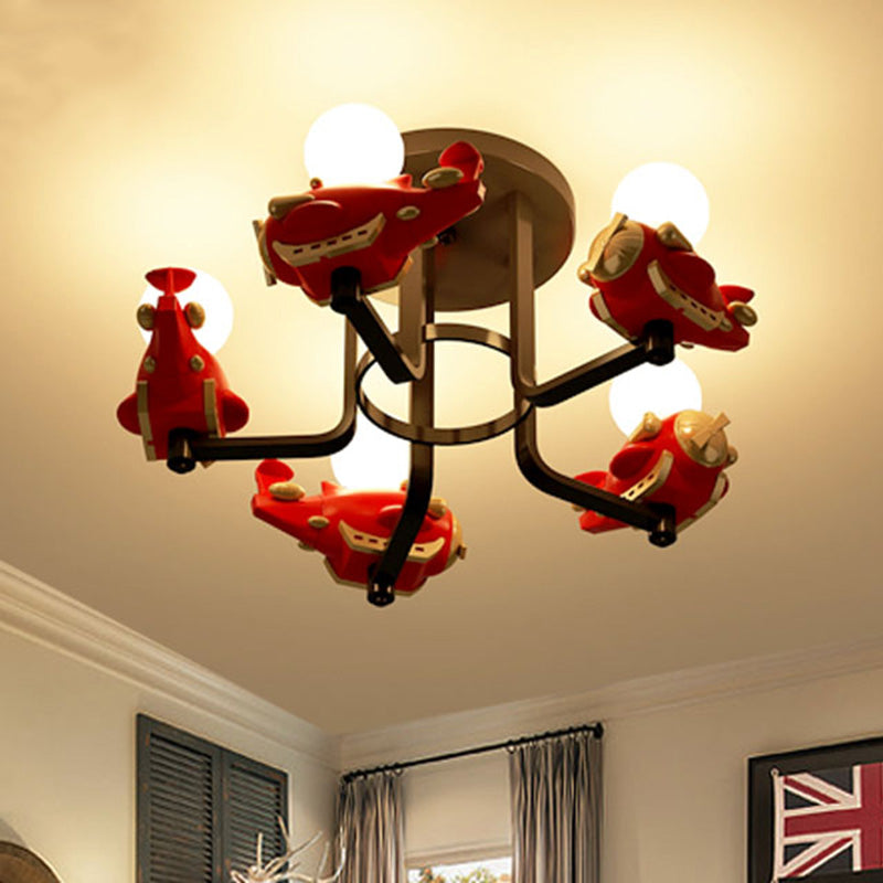 Avión Metal Semi Flush Mount Cartoon 5 luces Rojo Flush Light for Boys Bedroom