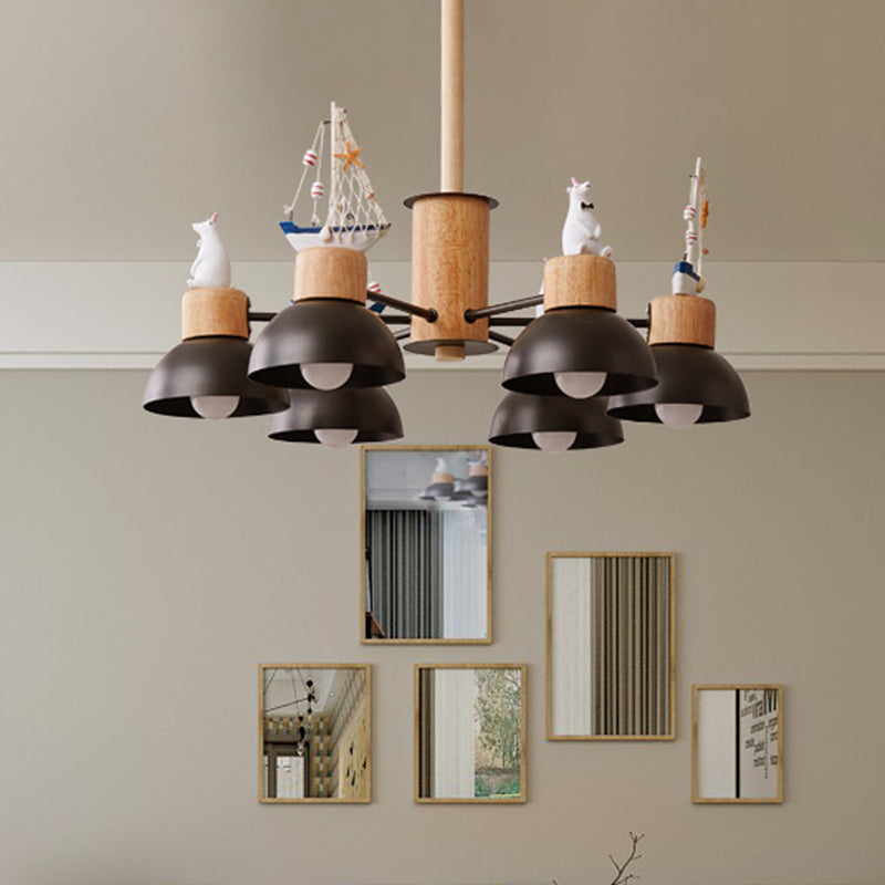 Dome Metallic Chandelier Lighting Cartoon 6 Bulbs Black/White Hanging Ceiling Light with Bear and Ship Design