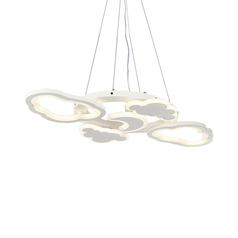 Moon and Cloud Bedroom Chandelier Lampe acrylique LED Cartoon Hanging Light Kit en blanc