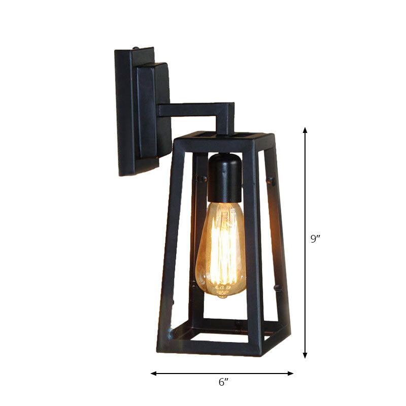 1 Bulb Trapezoid Cage Wall Lamp Industrial Stylish Matte Black Metallic Wall Mount Light for Living Room