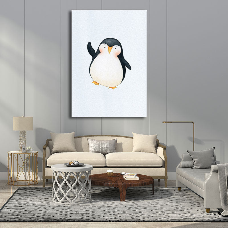 Textured White Wall Art Decor Modernist Cute Penguin Wrapped Canvas for Children Bedroom
