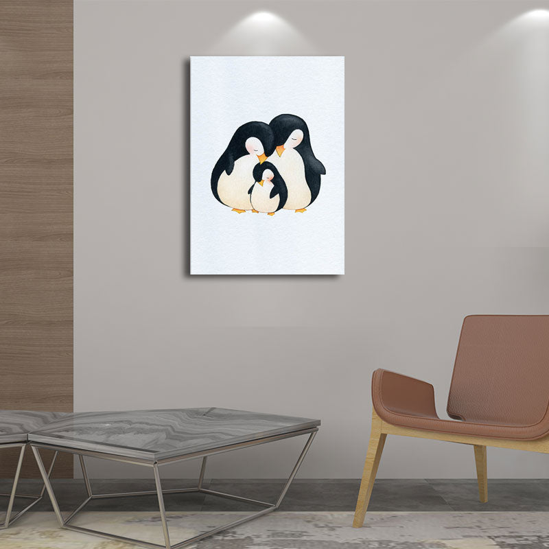 Textured White Wall Art Decor Modernist Cute Penguin Wrapped Canvas for Children Bedroom
