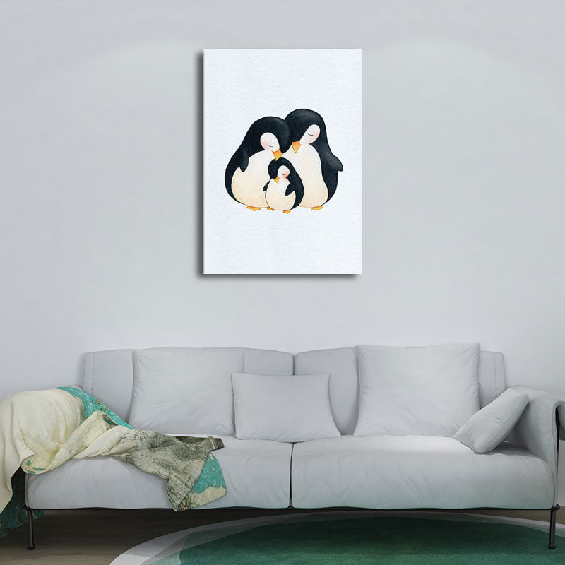 Textured White Wall Art Decor Modernist Cute Penguin Wrapped Canvas for Children Bedroom