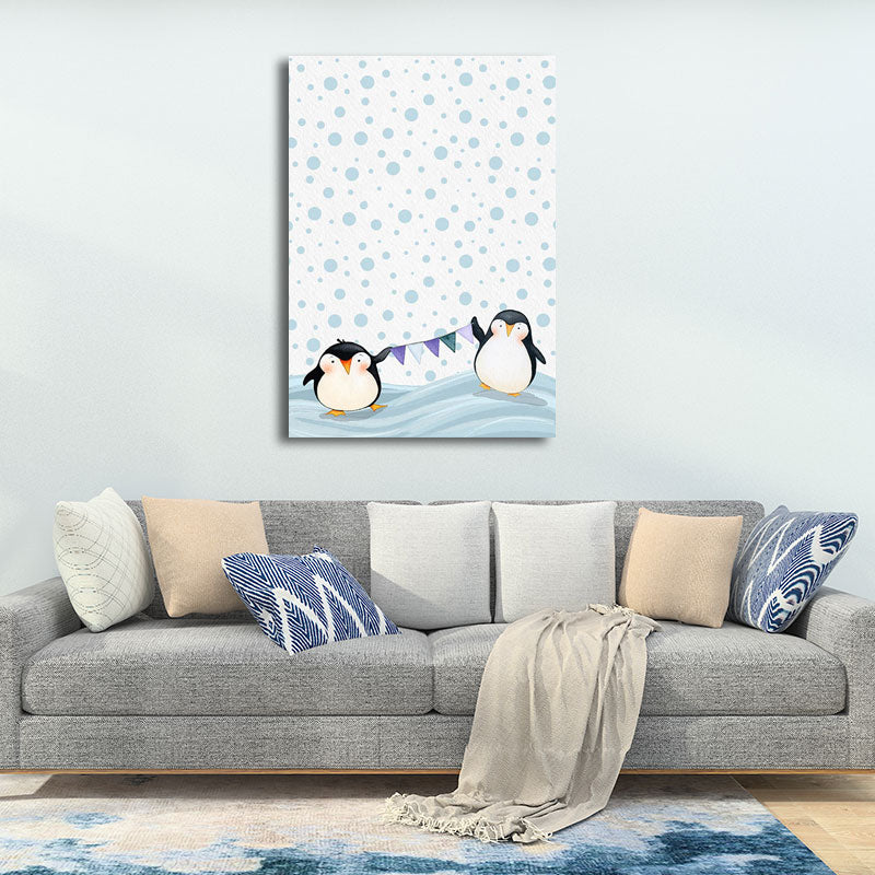 Textured White Wall Art Decor Modernist Cute Penguin Wrapped Canvas for Children Bedroom