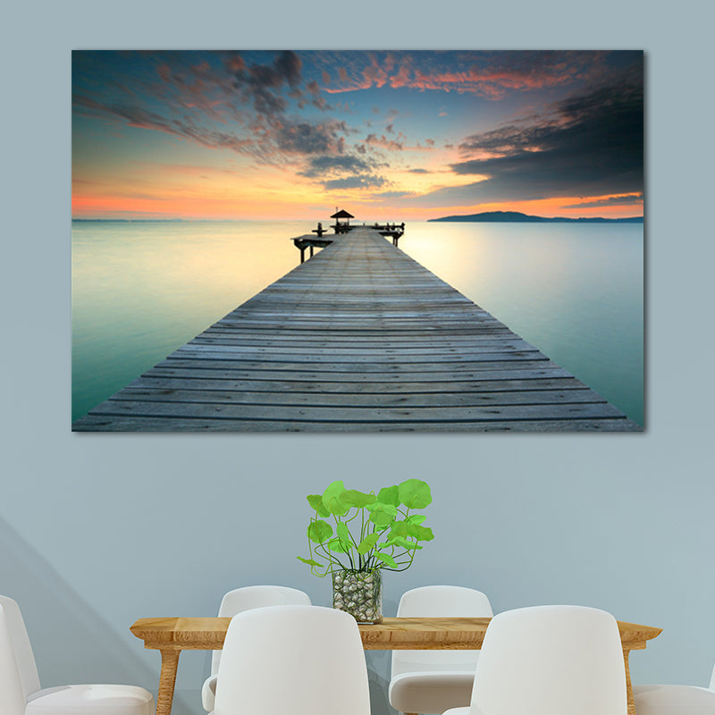 Foto Oceaan Houten Brug Kunstdruk Eigentijds Canvas Muurdecoratie in donkere kleur