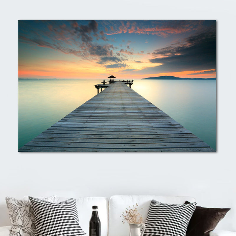 Foto Oceaan Houten Brug Kunstdruk Eigentijds Canvas Muurdecoratie in donkere kleur