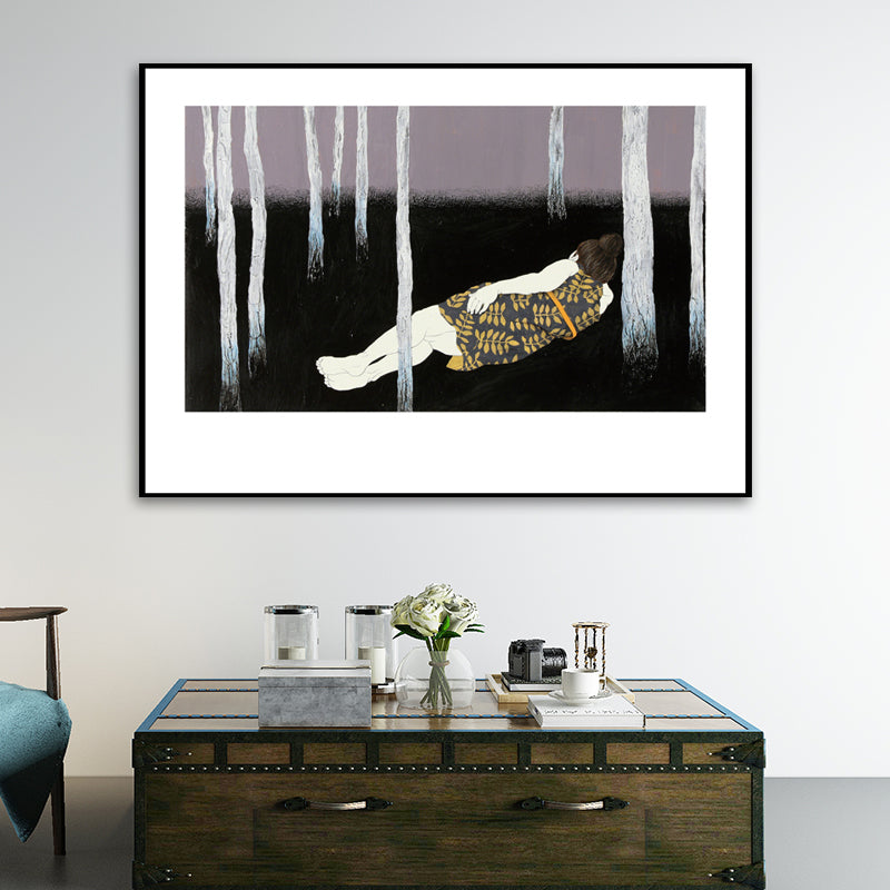 Illustrations People Wall Art Cartoon Textured Canvas Print in Pastel Color for Bedroom