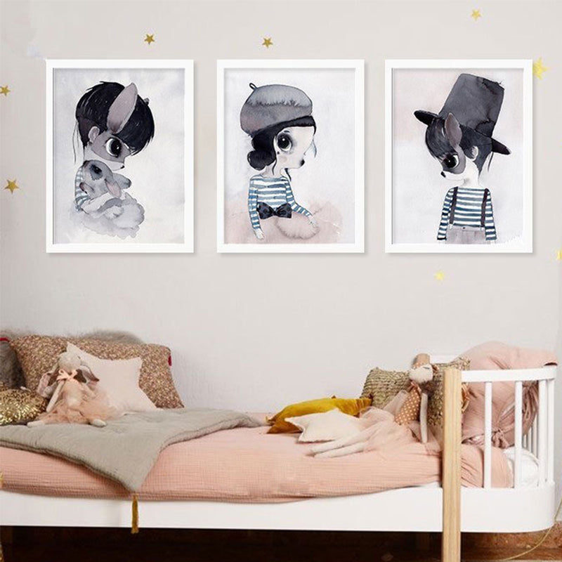 Cartoon Rabbit Painting Canvas Black Textured Wall Art Print for Childrens Bedroom