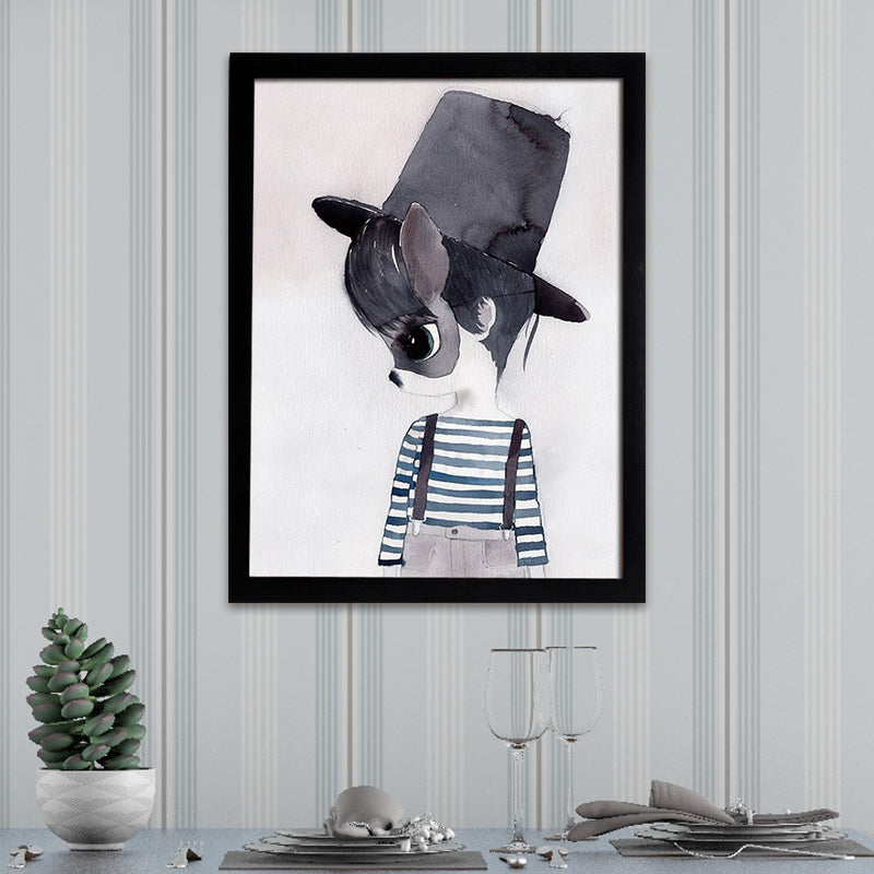 Cartoon Rabbit Painting Canvas Black Textured Wall Art Print for Childrens Bedroom