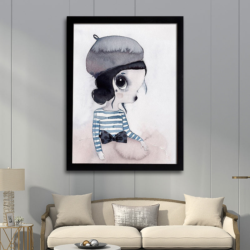 Cartoon Rabbit Painting Canvas Black Textured Wall Art Print for Childrens Bedroom