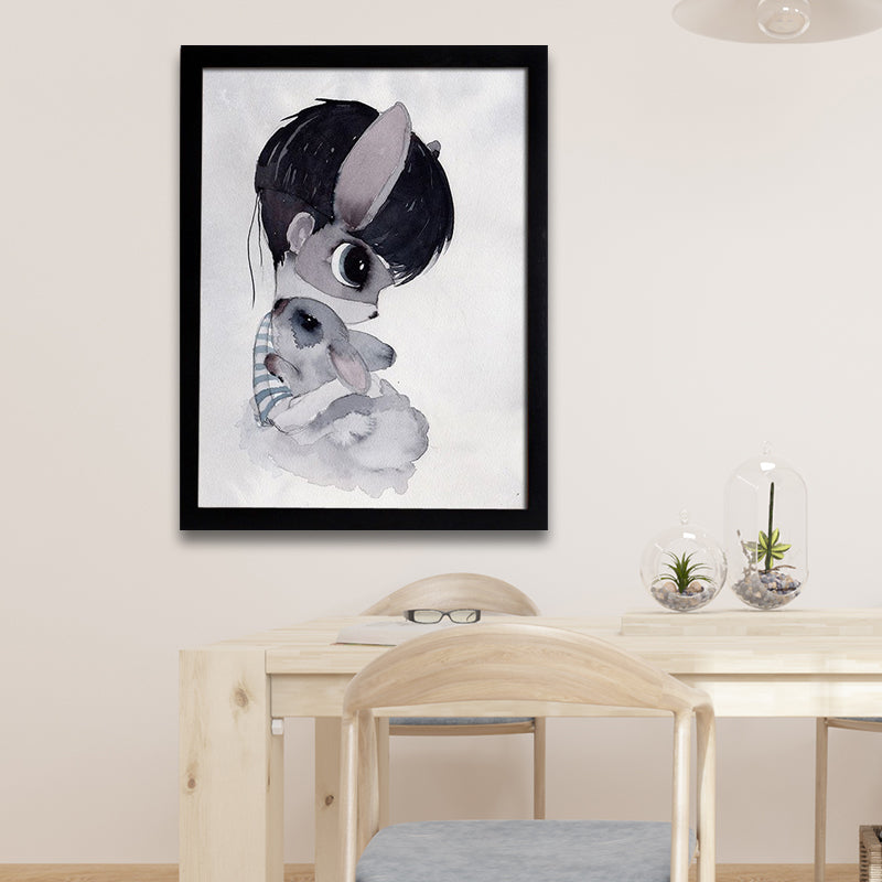 Cartoon Rabbit Painting Canvas Black Textured Wall Art Print for Childrens Bedroom