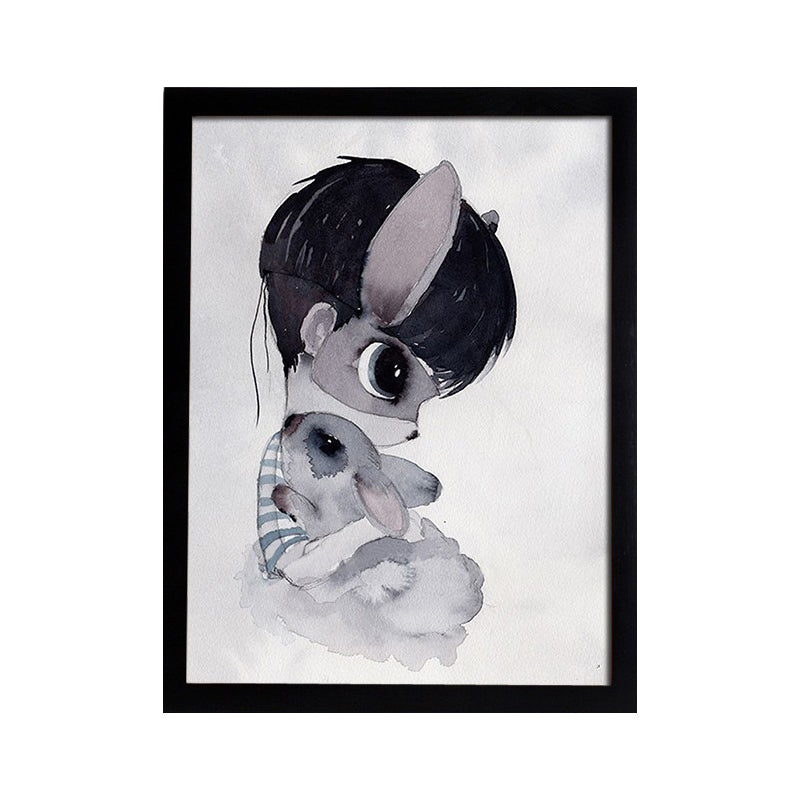 Cartoon Rabbit Painting Canvas Black Textured Wall Art Print for Childrens Bedroom