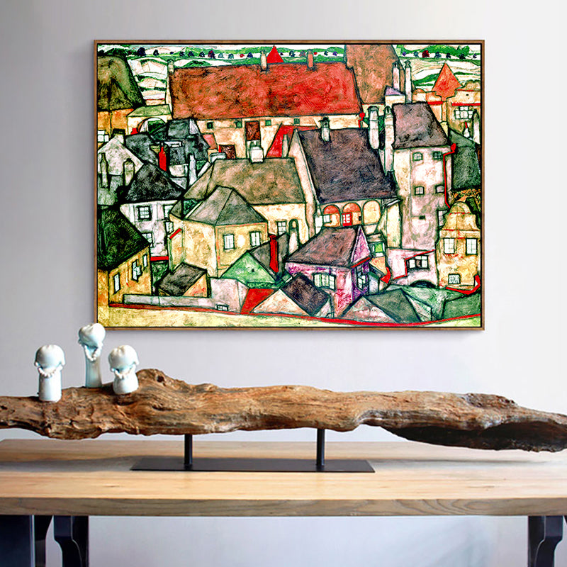 Green Kids Wall Art Decor Egon Schiele Yellow Town Painting Canvas Print for Bedroom