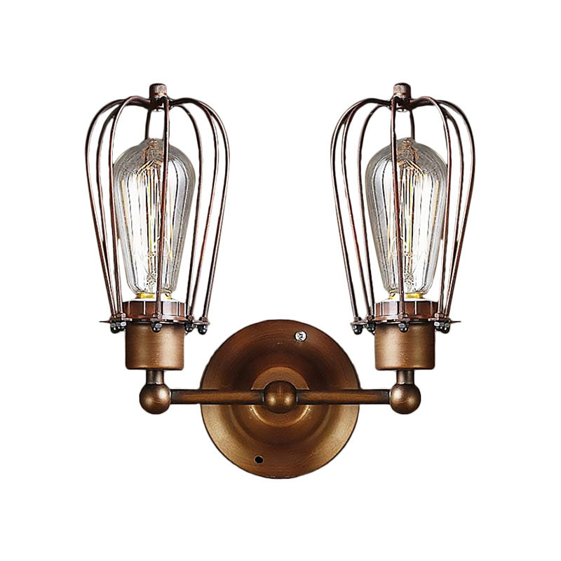 Industrial Style Caged Wall Sconce Lighting with Bulb Shade 2 Lights Metal Mini Wall Light in Copper/Aged Silver