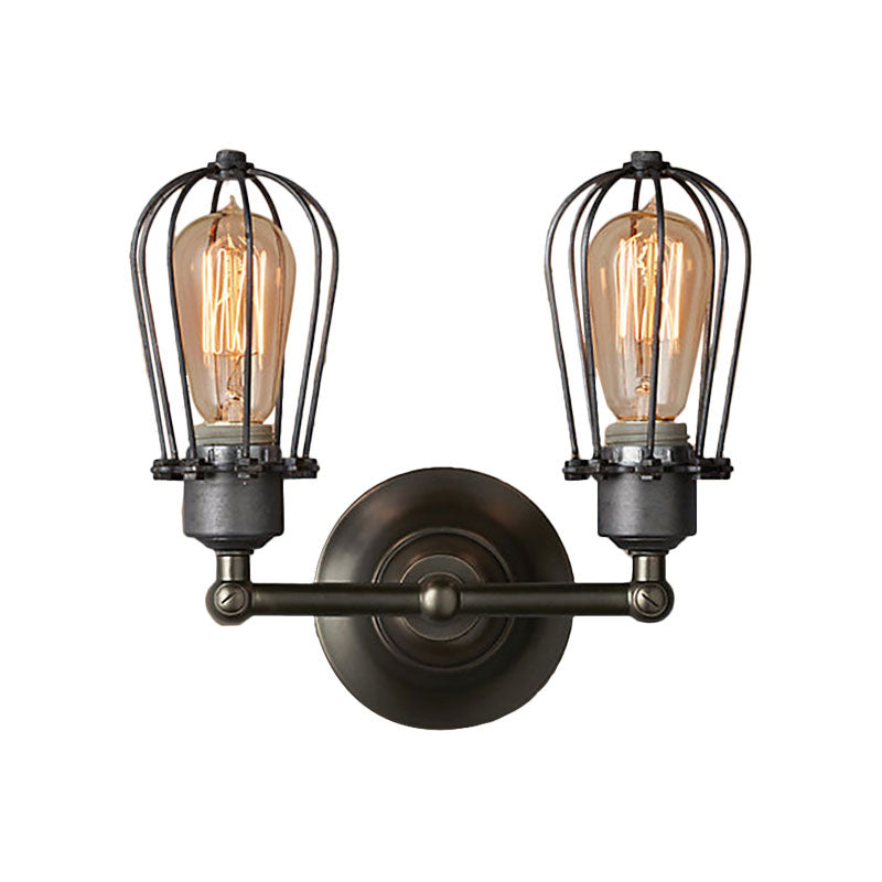 Industrial Style Caged Wall Sconce Lighting with Bulb Shade 2 Lights Metal Mini Wall Light in Copper/Aged Silver