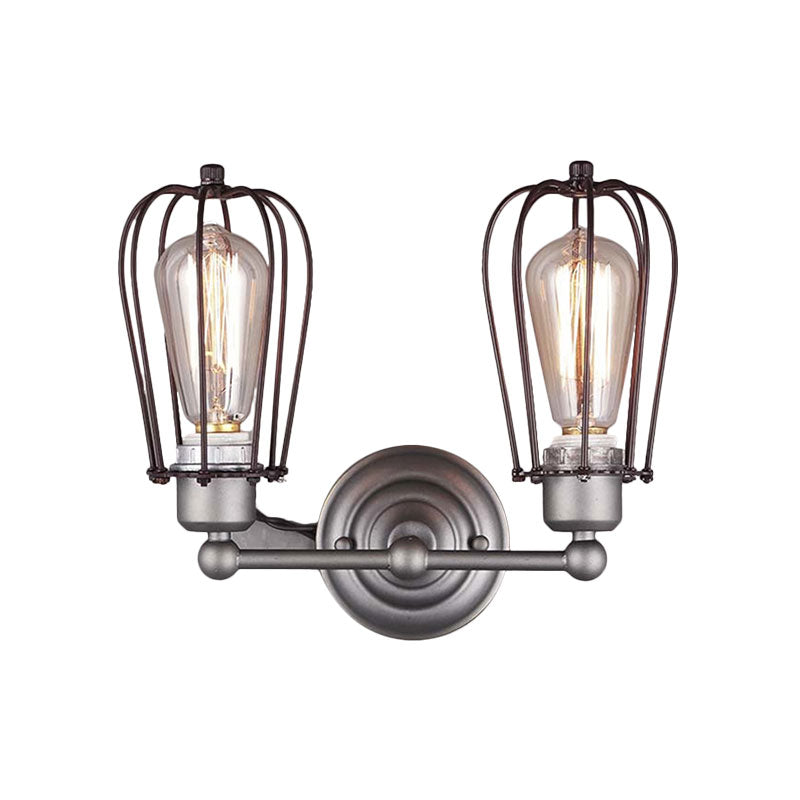 Industrial Style Caged Wall Sconce Lighting with Bulb Shade 2 Lights Metal Mini Wall Light in Copper/Aged Silver