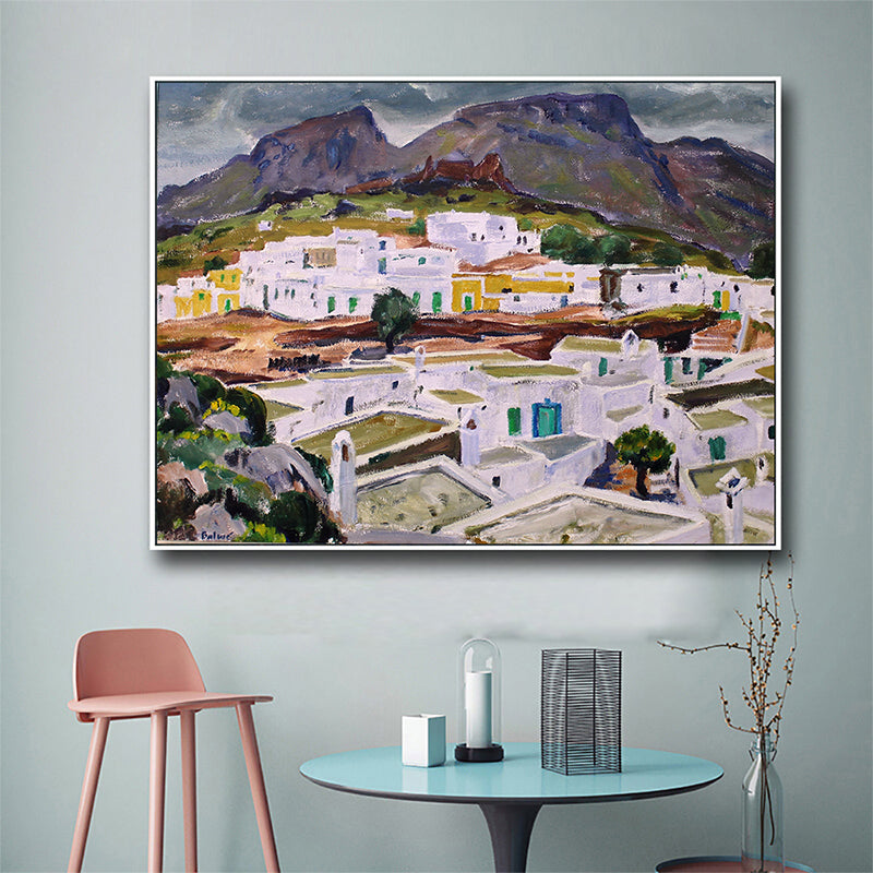 Town Aerial View Painting Textured Farmhouse Dining Room Canvas Wall Art in Brown