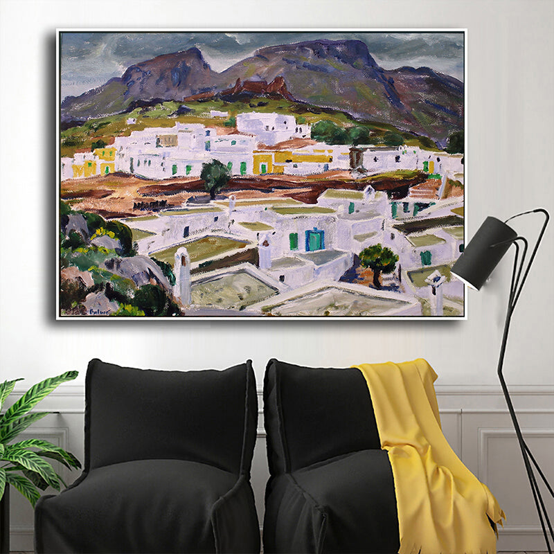 Town Aerial View Painting Textured Farmhouse Dining Room Canvas Wall Art in Brown