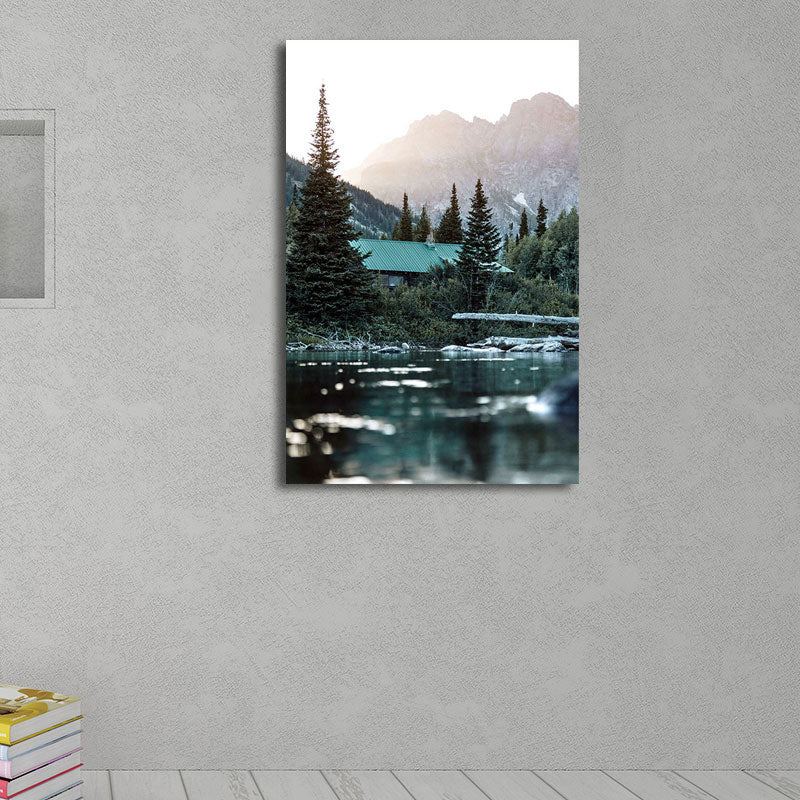 Lienzo decorativo para pared, diseño de río verde y casa de montaña, decoración de pared para el hogar