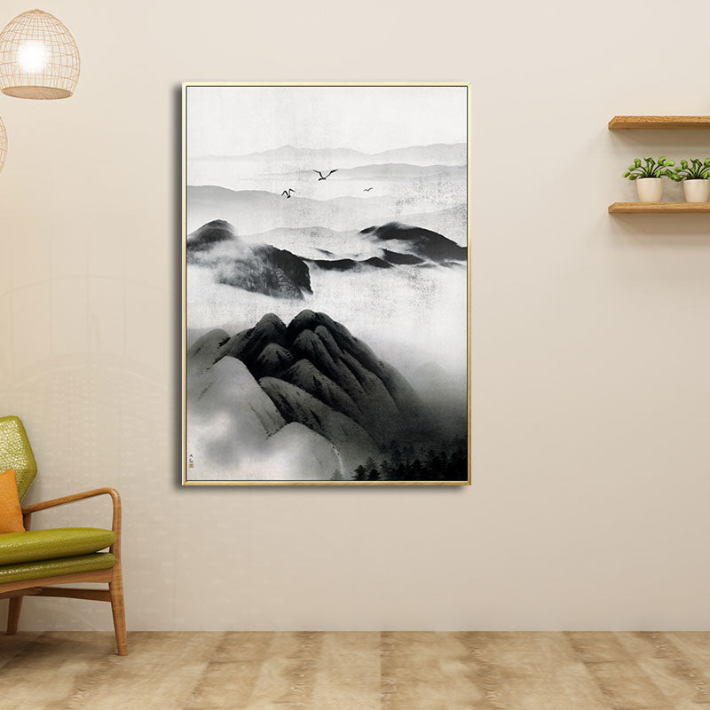 Cloudy Mountain View Canvas Art Asian Textured Wall Decor in Black for Sitting Room