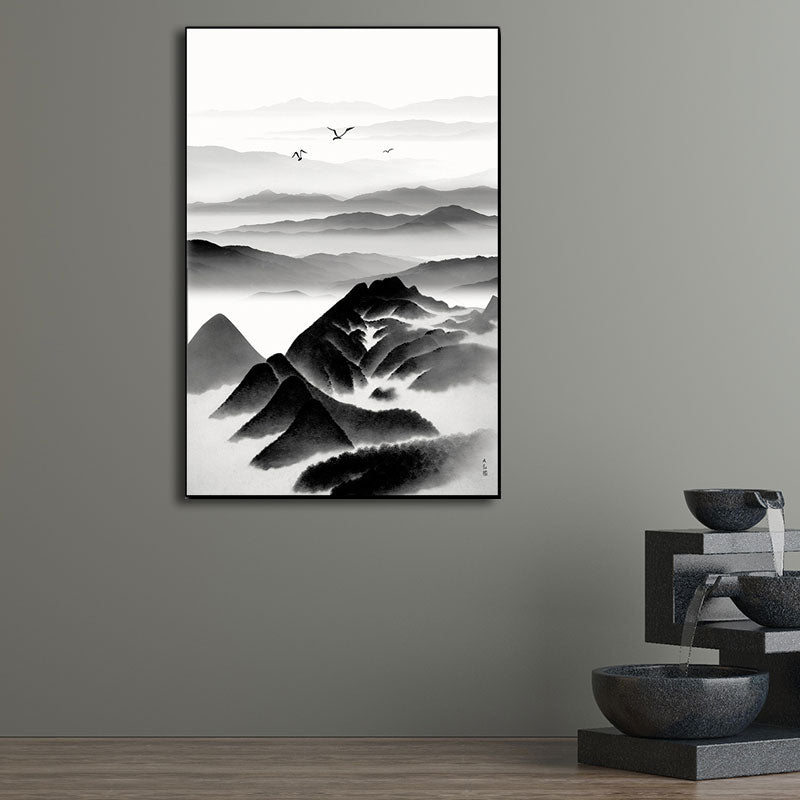 Cloudy Mountain View Canvas Art Asian Textured Wall Decor in Black for Sitting Room