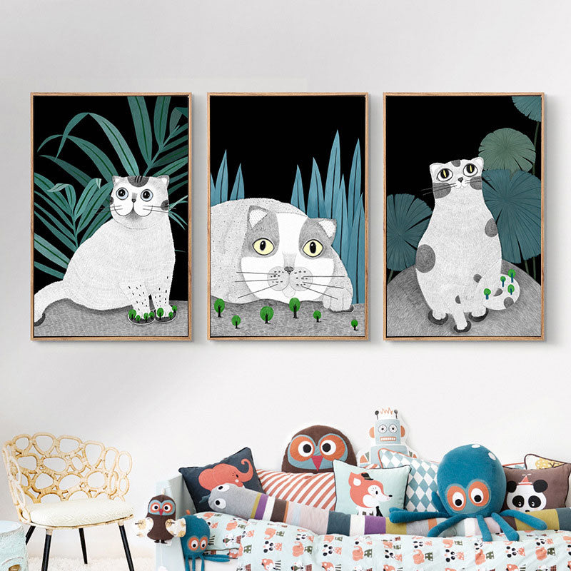 Cartoon Cat and Leave Wrapped Canvas Grey Nursery Wall Art Decor, Multiple Sizes