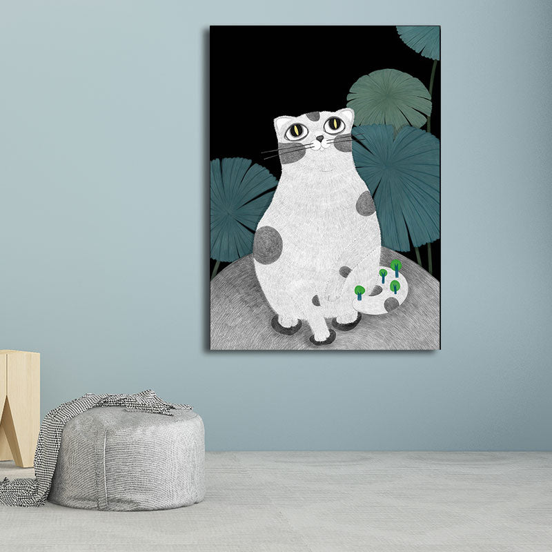 Cartoon Cat and Leave Wrapped Canvas Grey Nursery Wall Art Decor, Multiple Sizes