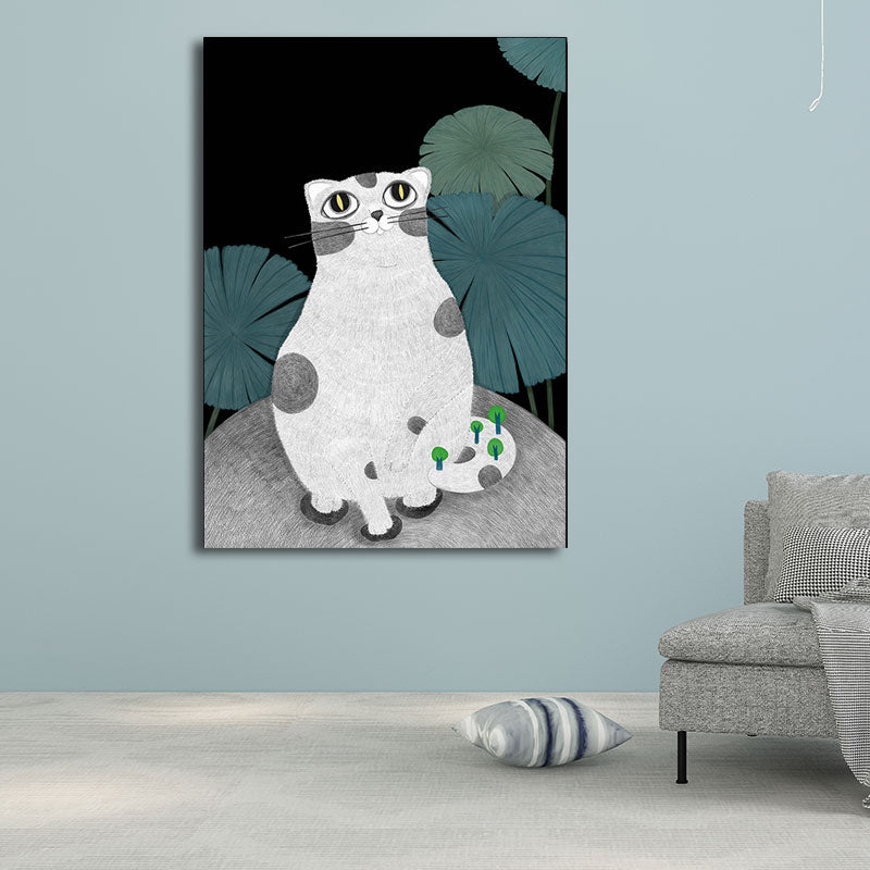 Cartoon Cat and Leave Wrapped Canvas Grey Nursery Wall Art Decor, Multiple Sizes
