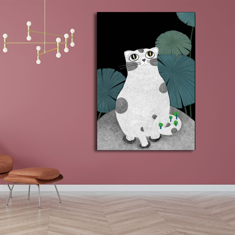 Cartoon Cat and Leave Wrapped Canvas Grey Nursery Wall Art Decor, Multiple Sizes