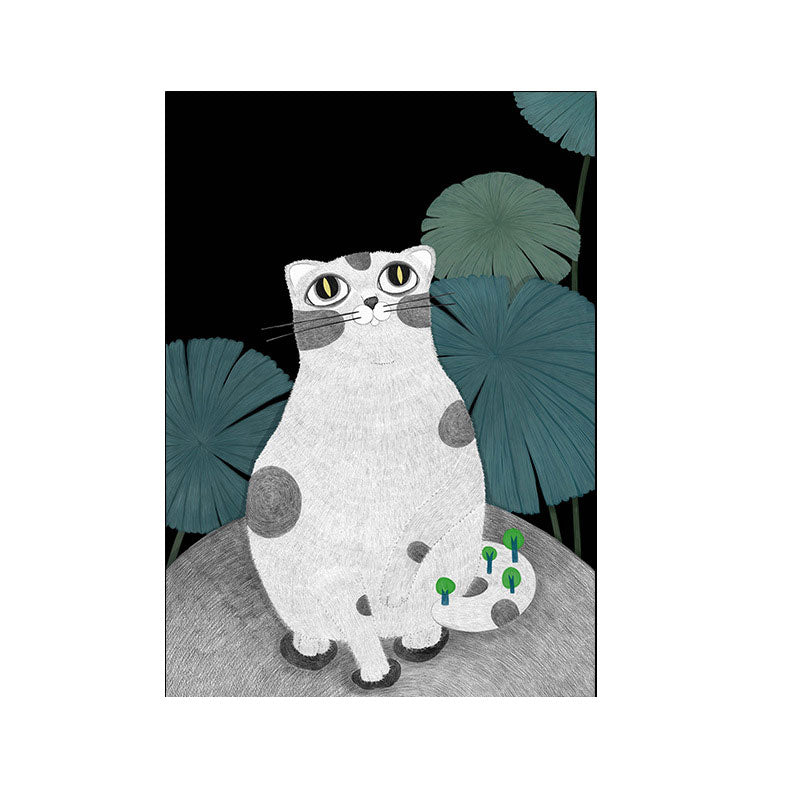 Cartoon Cat and Leave Wrapped Canvas Grey Nursery Wall Art Decor, Multiple Sizes