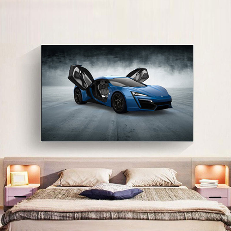 Moderne jongenskunstprint met sportwagenpatroon, felle kleur wanddecoratie voor slaapkamer