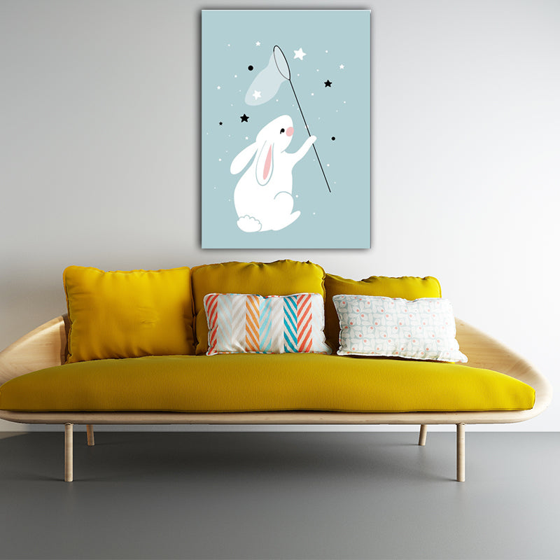 Rabbit Catching Stars Canvas Modern Wall Art Prints in Blue for Drawing Room (Multiple Sizes)