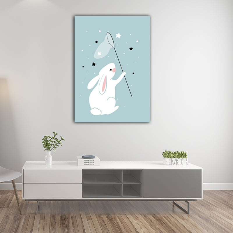 Rabbit Catching Stars Canvas Modern Wall Art Prints in Blue for Drawing Room (Multiple Sizes)
