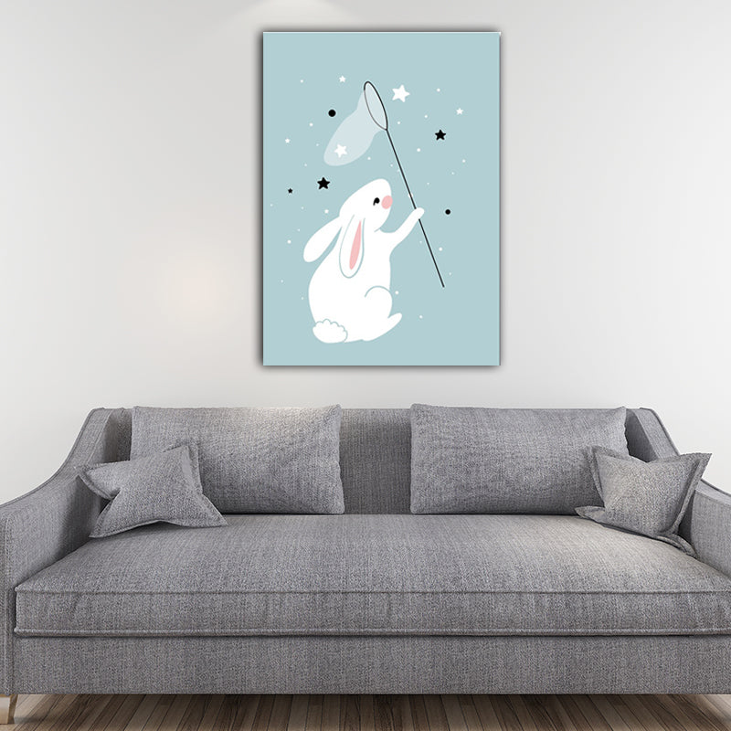 Rabbit Catching Stars Canvas Modern Wall Art Prints in Blue for Drawing Room (Multiple Sizes)