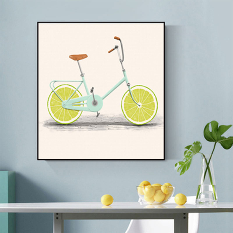 Toile d'art pour enfants de couleur pastel, décoration murale de vélo au citron pour salle à manger, texturée