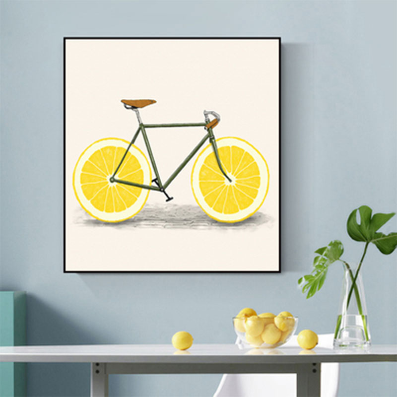 Toile d'art pour enfants de couleur pastel, décoration murale de vélo au citron pour salle à manger, texturée