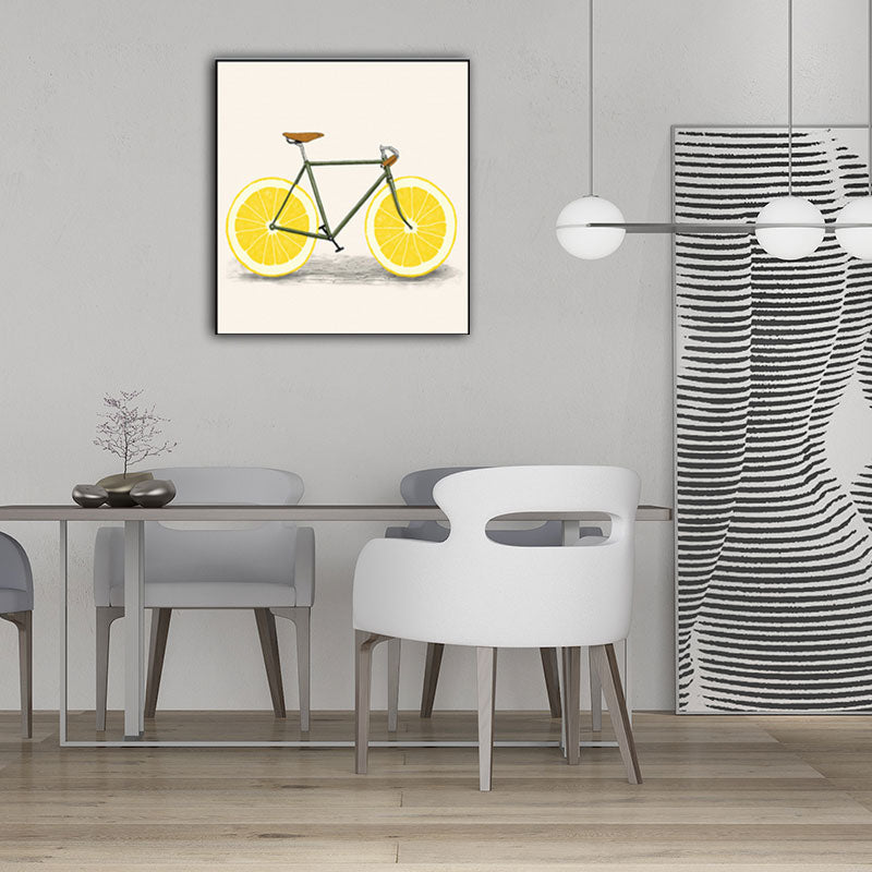 Pastel Color Childrens Art Canvas Lemon Bicycle Wall Decor for Dining Room, Textured