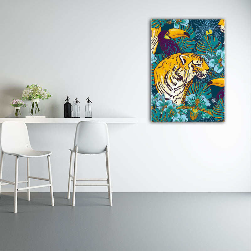 Toucan and Tiger Canvas Prints Tropical Decorative Parlor Wall Art Decor in Orange