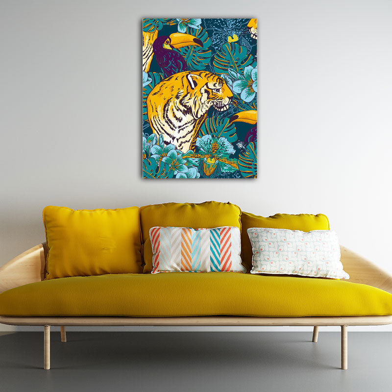 Toucan and Tiger Canvas Prints Tropical Decorative Parlor Wall Art Decor in Orange